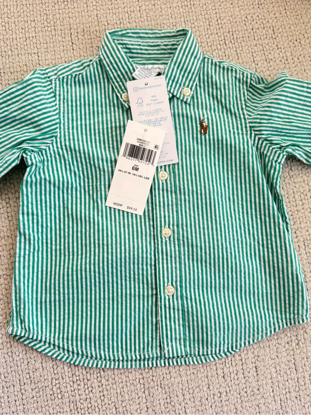 Ralph Lauren Green & White Striped Cotton Button-Down Shirt - Baby